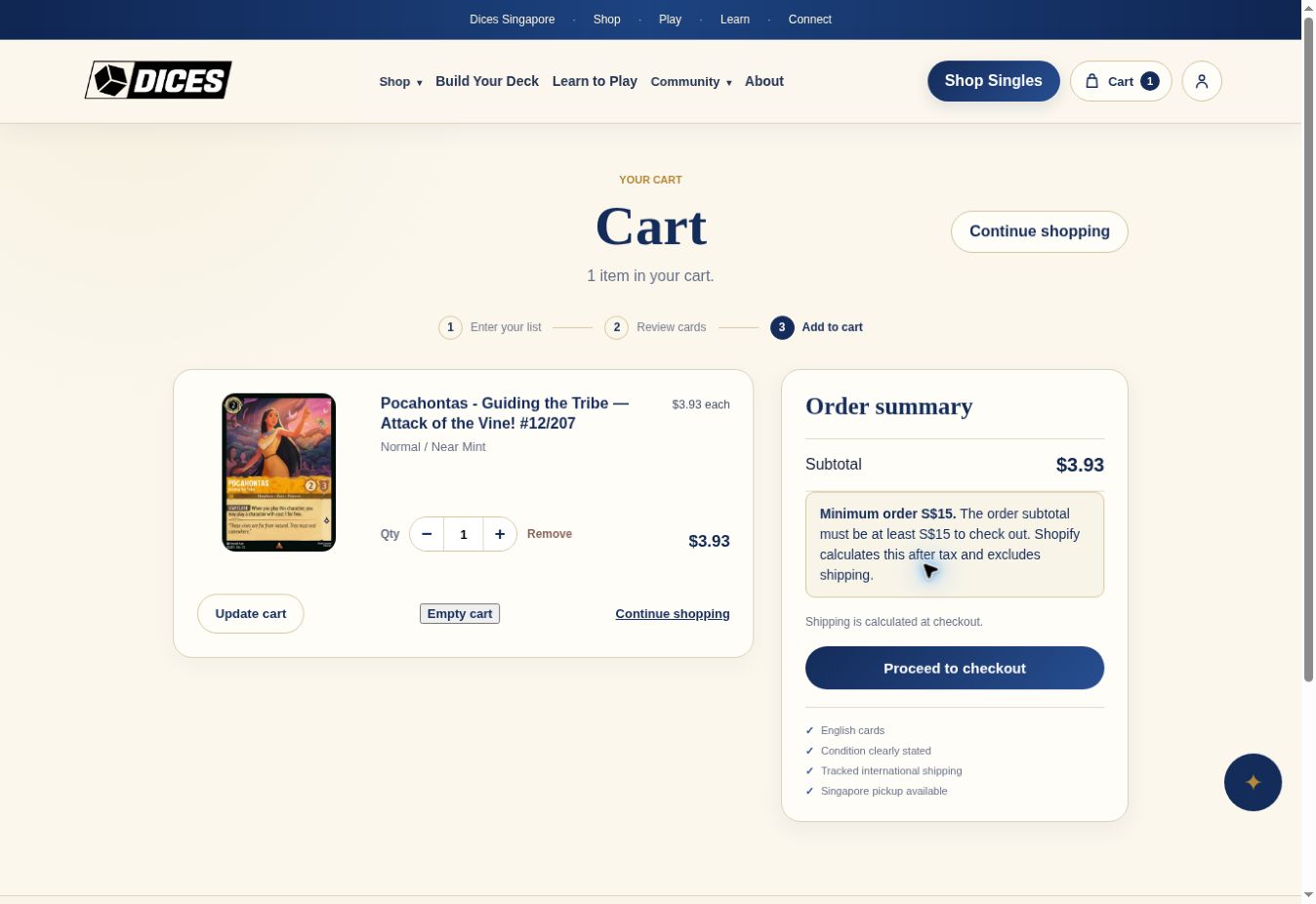 Cart page from Dices Singapore